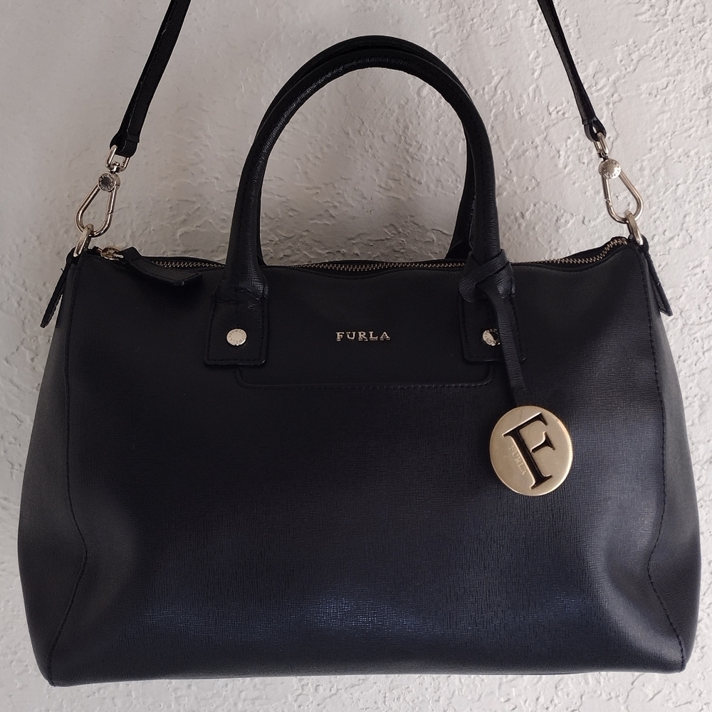 Furla Linda Medium Leather Black And Gold Satchel Bag - Picture 14 of 14